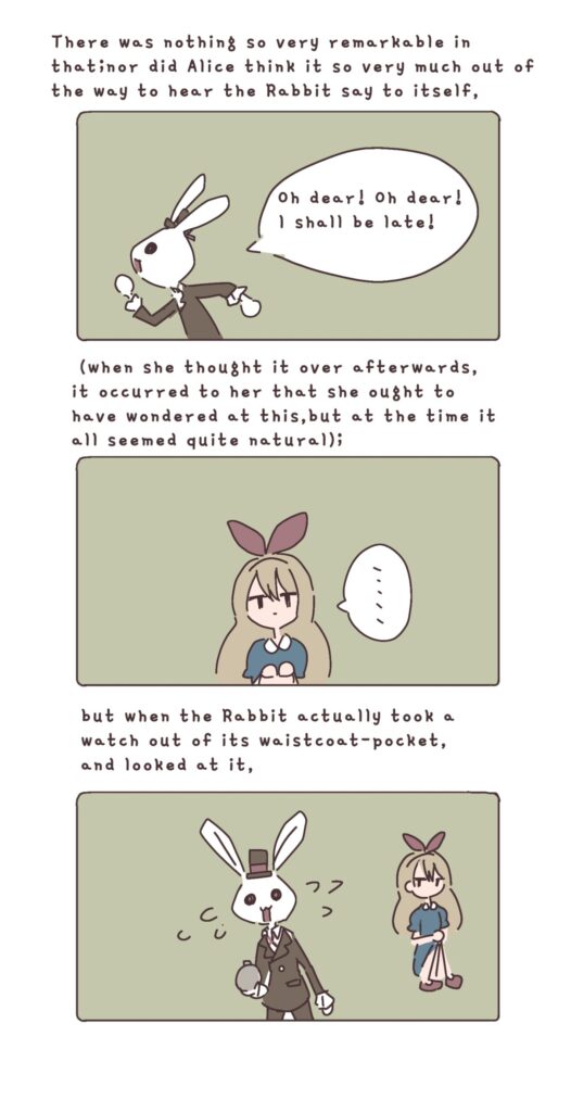 不思議の国のアリス イラスト 急ぐウサギ ぼーっと見つめるアリス