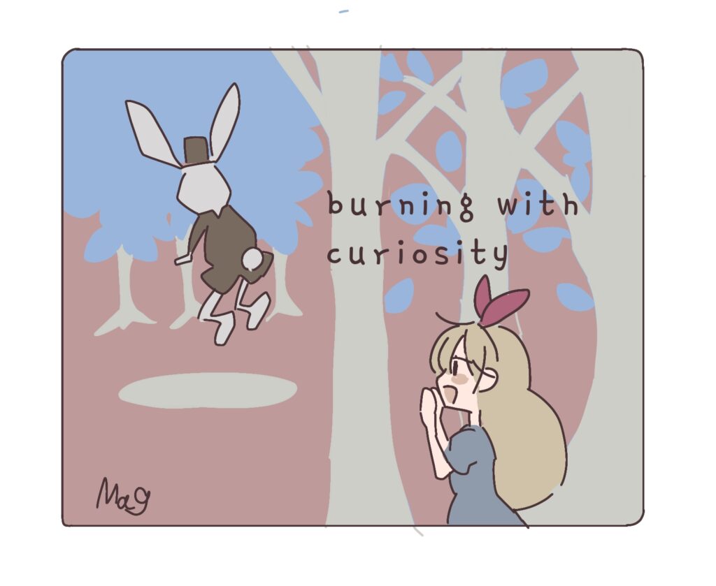 不思議の国のアリスのワンシーン。白ウサギが穴に飛び込むのを見ているアリスの英語学習用イラスト。