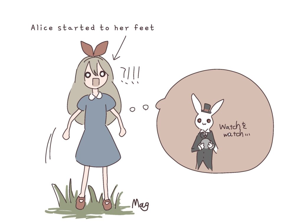 不思議の国のアリスのワンシーン。アリスが突然立ち上がり「変じゃない!?」と驚き始める場面のアリスの英語学習用イラスト