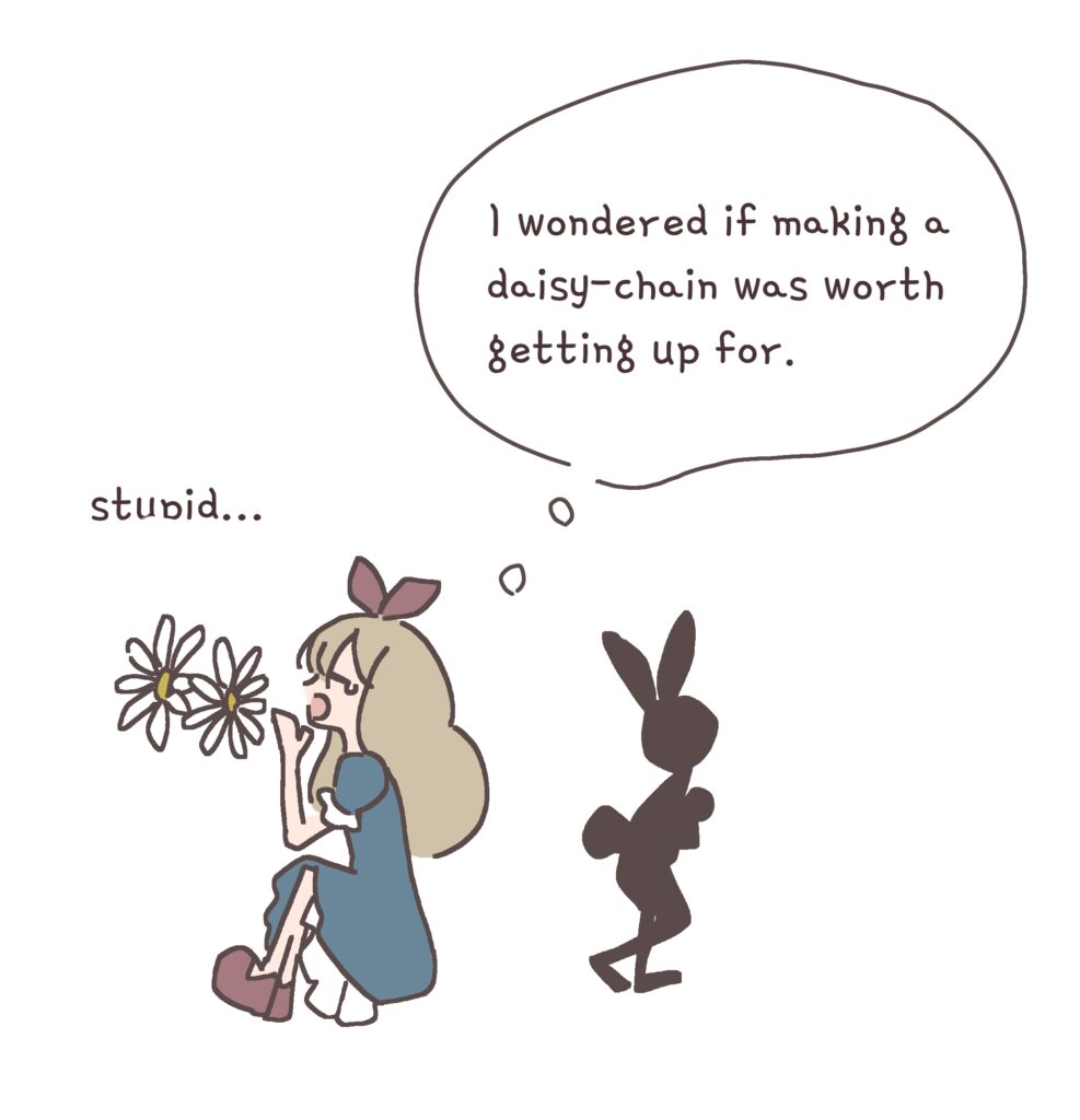 不思議の国のアリスでのワンシーン。あくびをしながら「デイジーチェーンを作る楽しさは立ち上がって摘みに行く手間に見合うのか」と考えるアリスの英語学習用イラスト。