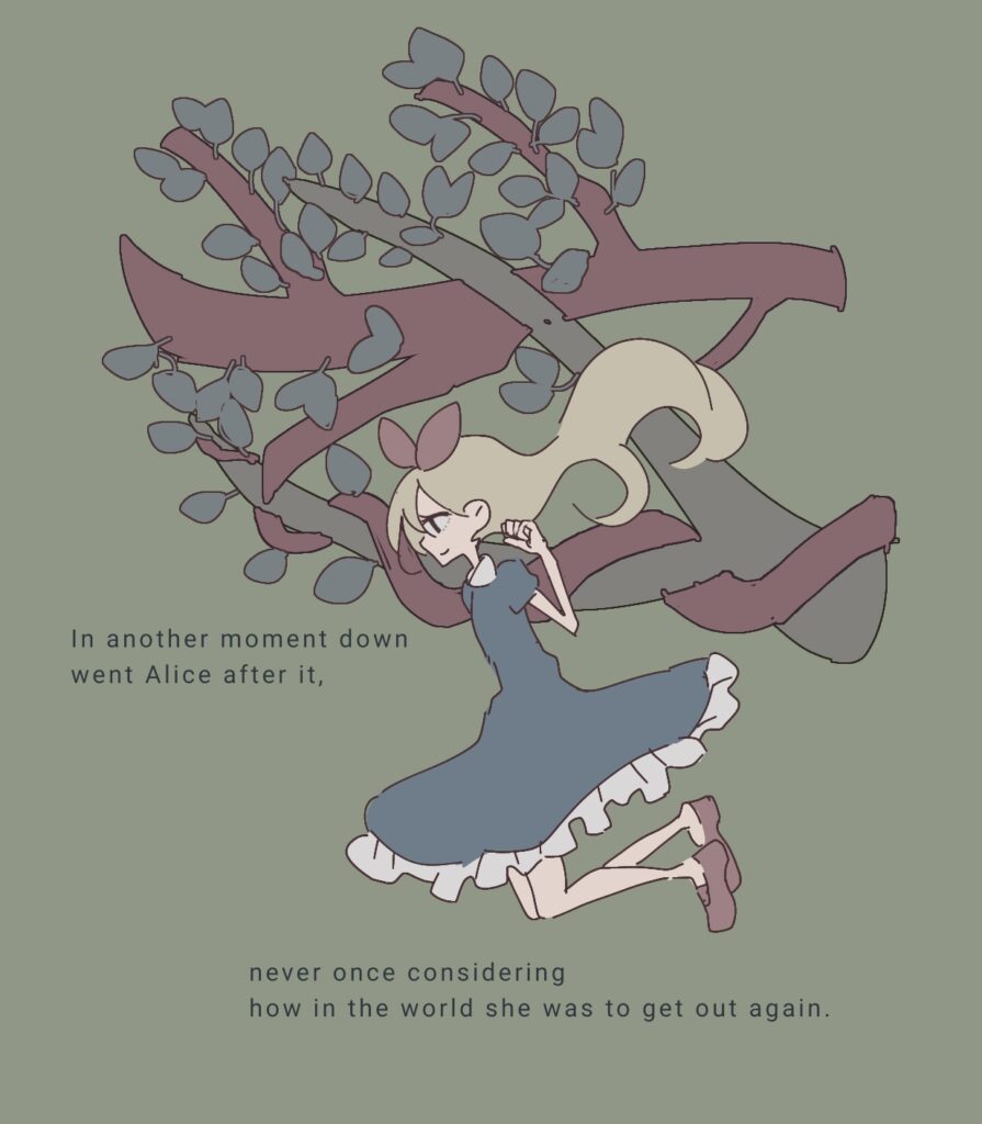「不思議の国のアリス」でアリスがウサギ穴に飛び込む名場面を描いたアリスの英語学習用イラスト