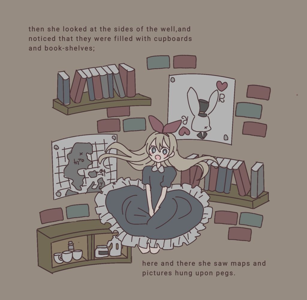 不思議の国のアリス」でアリスが深い井戸に落ちる場面を描いたイアリスの英語学習用イラスト。井戸の壁には本棚やポスターが並び、幻想的な世界観を表現。