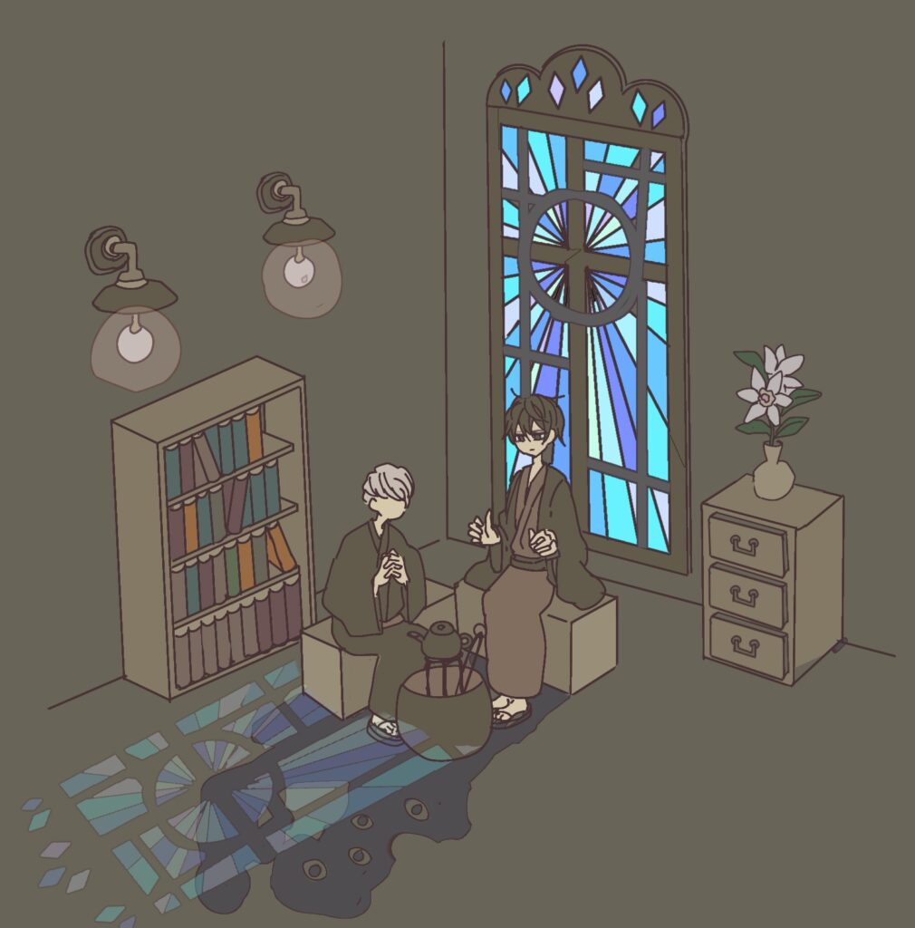 芥川龍之介『歯車』 教会で影の悪魔に苦しむ場面。火鉢の前で祈る老人と祈れない芥川、青く輝く十字架のステンドグラスを描いたイラスト