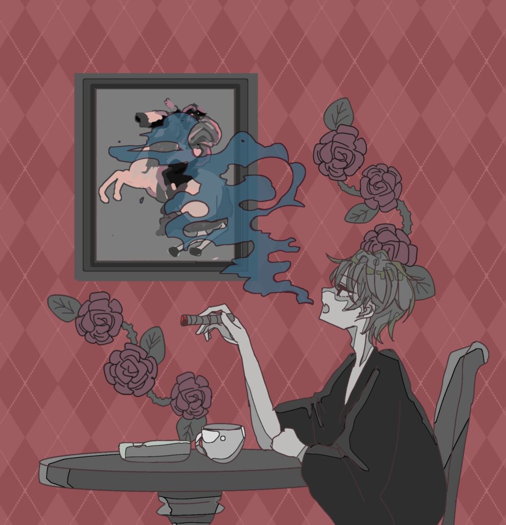 芥川龍之介『歯車』 ココアと巻煙草の煙が薔薇色の壁に立ちのぼる室内。ナポレオンの肖像画やマホガニイ風の椅子とテーブルを描いたイメージイラスト