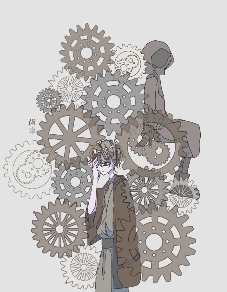 芥川龍之介『歯車』 レエン・コオトを着た人物と無数の半透明の歯車に苦しむ姿を描いたイラスト