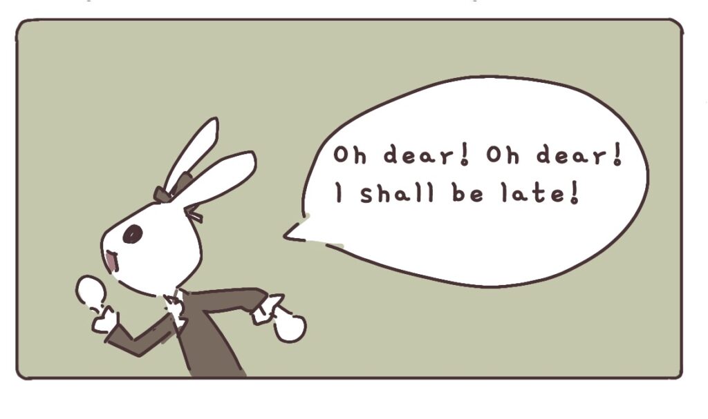 不思議の国のアリスのワンシーン。「まあ大変！遅れてしまう！」と叫ぶ白ウサギが突然登場する場面。アリスの英語学習用イラスト