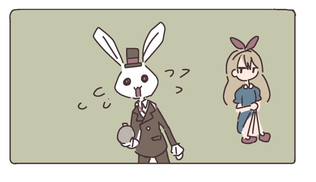 不思議の国のアリスのワンシーン。焦っているウサギとまだ眠そうなアリスの英語学習用イラスト。