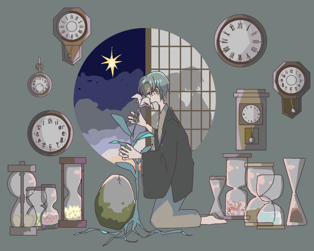 夏目漱石『夢十夜』第二夜のイラスト。男性が百合の花に口づけをし、暁の星が輝く空、丸い墓、針のない時計や砂時計が無数に浮かぶ夢幻的な場面。