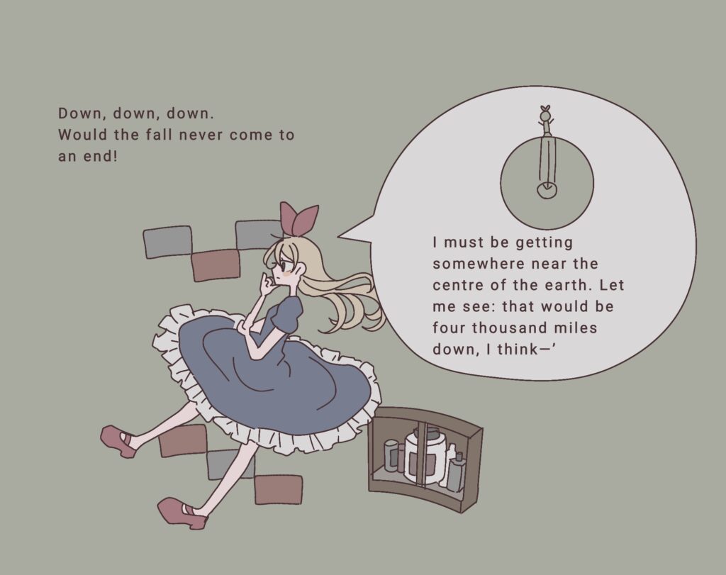 不思議の国のアリスで、アリスが「どれだけ落ちたのかしら」と考えながら落下し続ける場面のイラスト