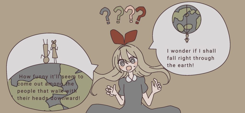 不思議の国のアリスで、アリスが地球を突き抜けて逆さまの人々に出会うことを想像するシーンのイラスト