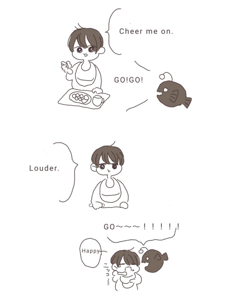 A heartwarming English parenting diary illustration where a child says "Cheer for me!" while eating, and the parent cheers loudly. A cute mealtime scene from an English learning comic for parents.