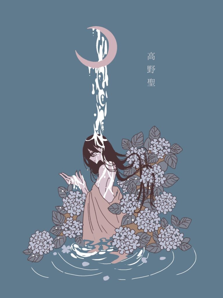 泉鏡花『高野聖』をモチーフにした、紫陽花と月夜の中で滝に打たれる女性の幻想的なイラスト