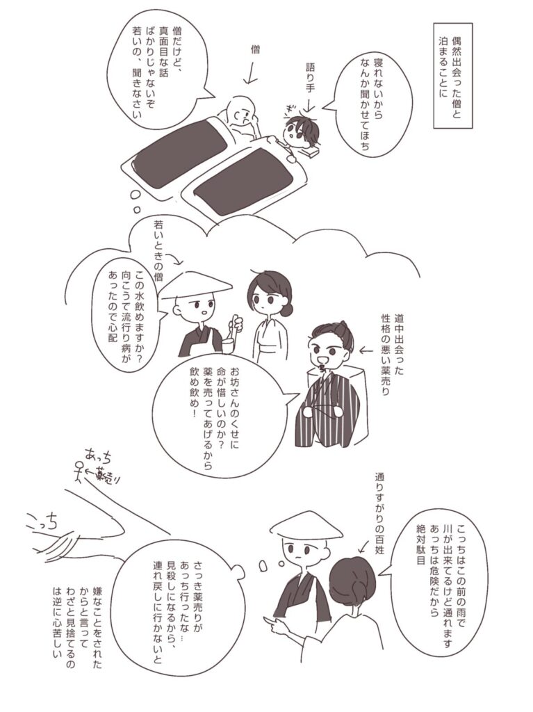 泉鏡花『高野聖』の物語を要約したイラスト。僧と美しい女人の出会いを中心に作品世界を表現①