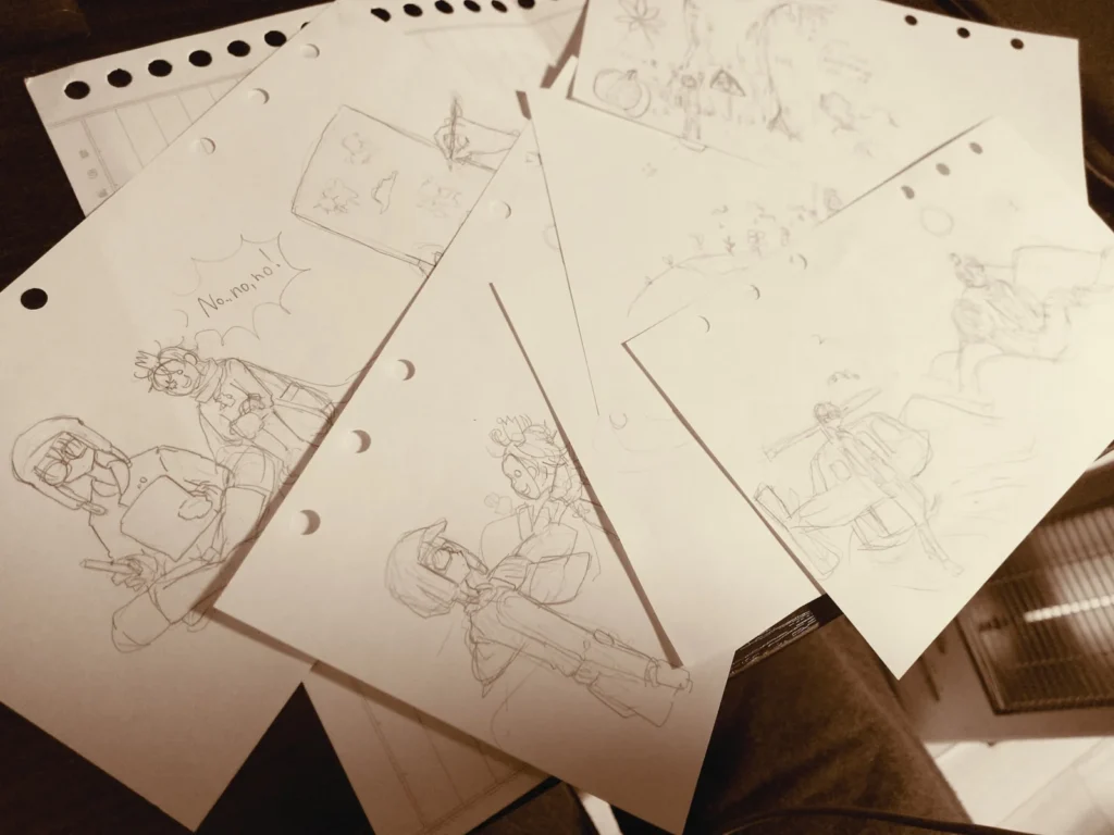 紙芝居風朗読動画に使うため、手描きイラストの下書きしている写真